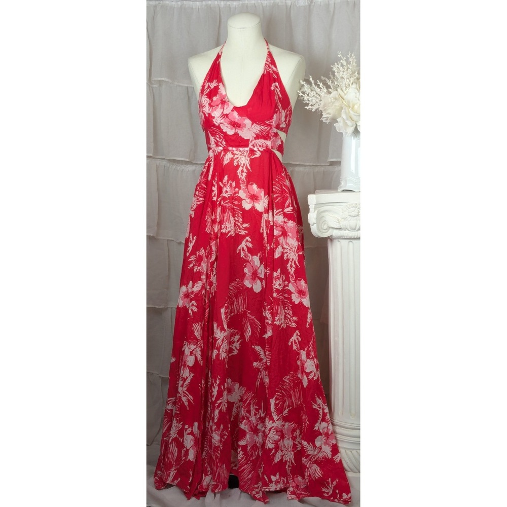 Free People Red Floral Lille Halter Cutout Tie Back Flowy Boho Maxi Dress S - Picture 4 of 10